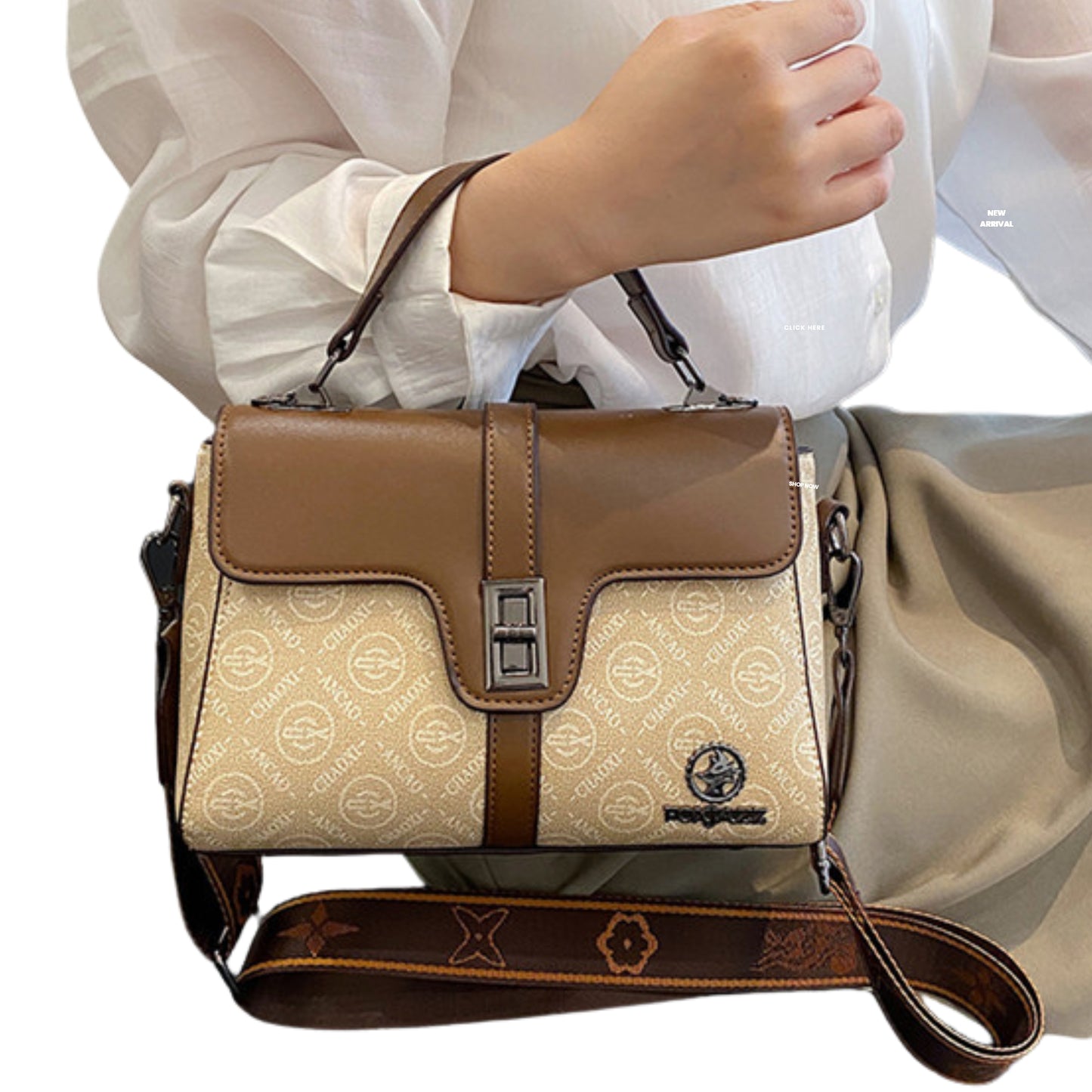 Designer Monogram Satchel Handbag for Women | Top Handle CrossBody Purse with Wide Guitar Strap